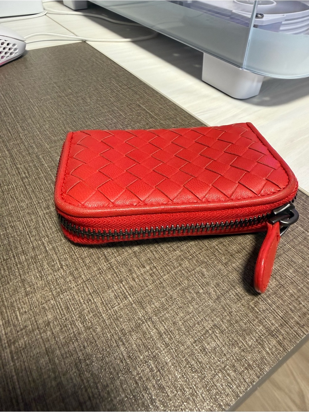 Bottega Veneta Beige Leather Zip Wallet with Red Interior Trim